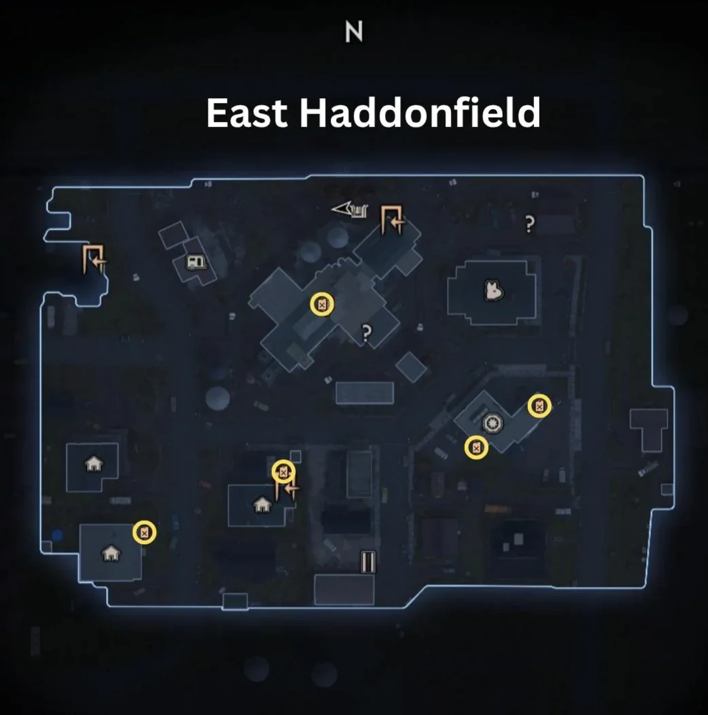 East Haddonfield reference map showing buildings, the area boundary and marked points of interest